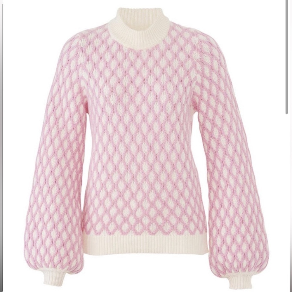 Stine Goya Pink and Cream Cable Knit Puff Sleeve Carlo Contrast Sweater Medium